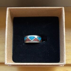 Turquoise and Red Inlay Sterling Ring